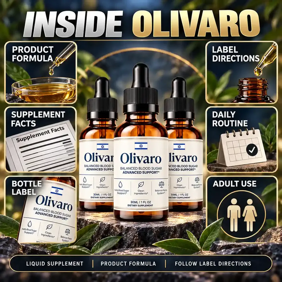 Brand graphic titled Inside Olivaro with tiles for Product formula, Supplement Facts, Bottle label, Label directions, Daily routine and Adult use