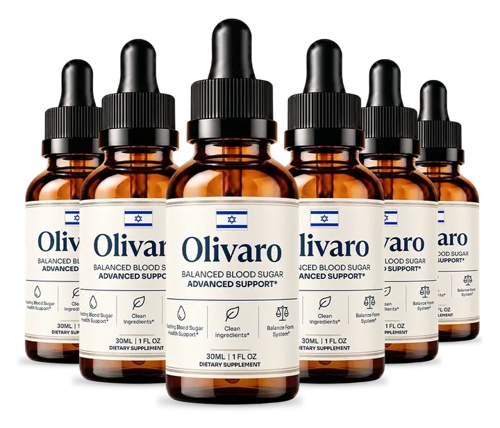 Six amber Olivaro dropper bottles with cream labels