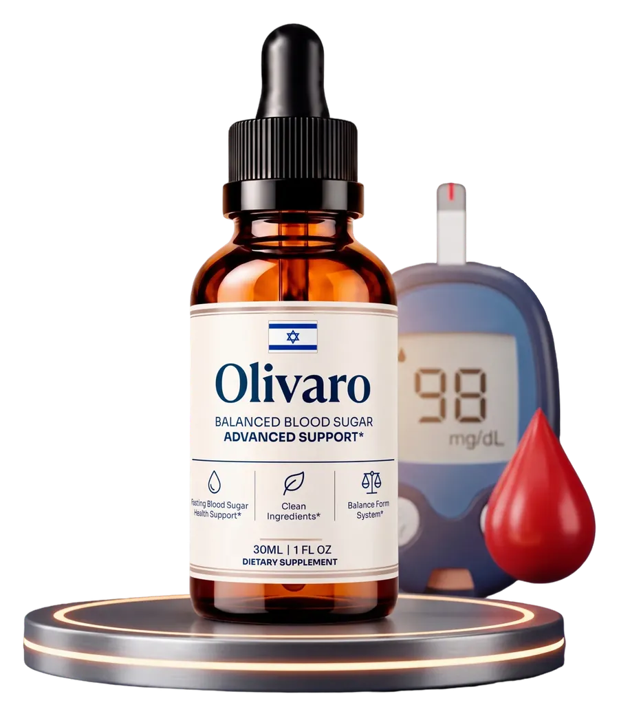 One Olivaro dropper bottle on a lit podium beside a glucose meter showing 98 mg/dL