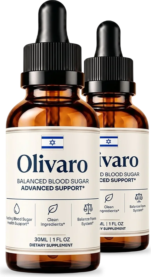 Two amber 30 mL Olivaro dropper bottles with cream labels on a plain background